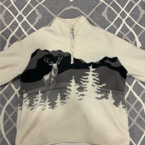 Cream and Gray Fleece Pullover with Deer Design